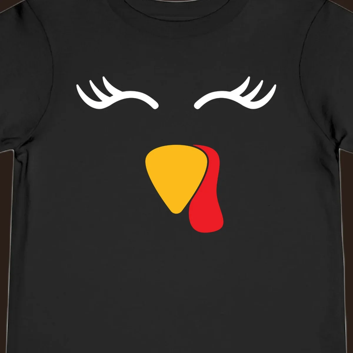 Funny turkey face illustration with white eyelashes and yellow wattle, thanksgiving graphic.
