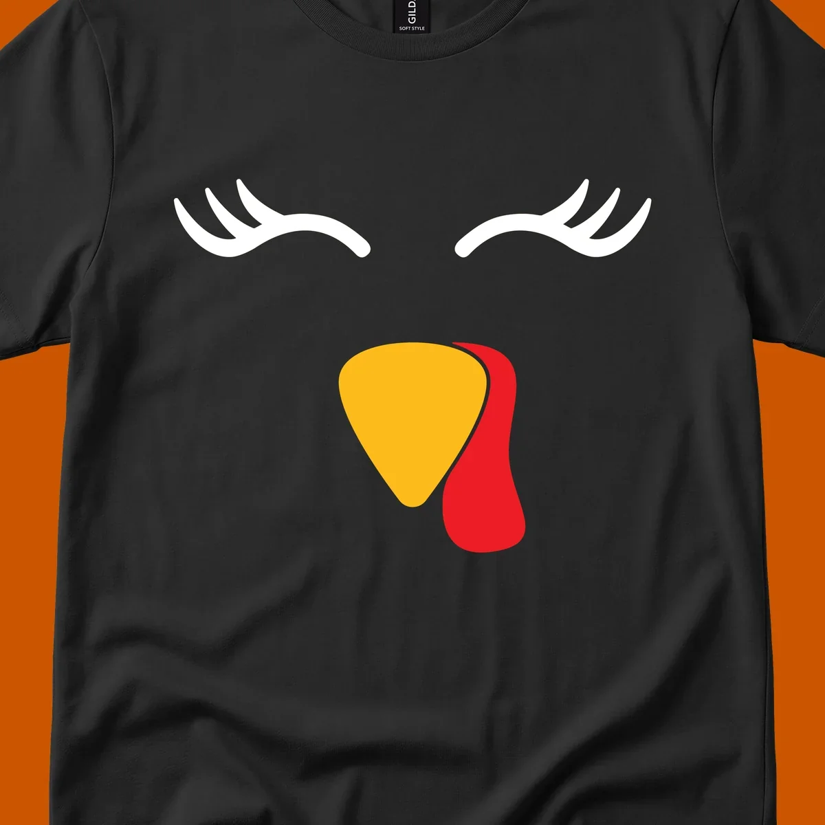 Funny turkey face illustration with white eyelashes and yellow wattle, thanksgiving graphic.