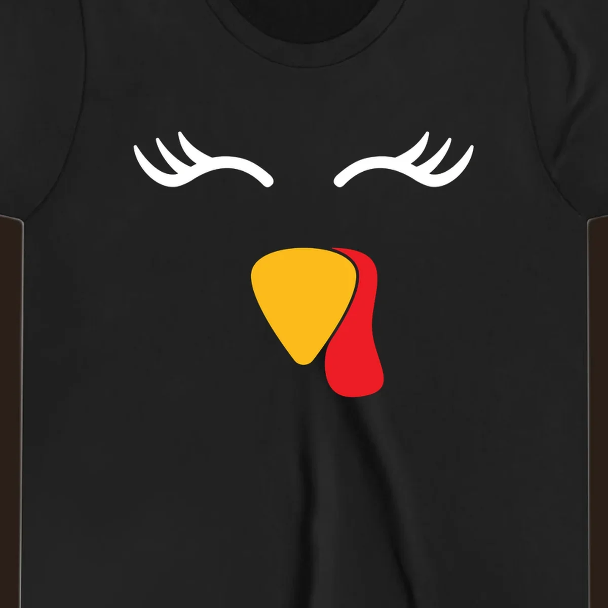 Funny turkey face illustration with white eyelashes and yellow wattle, thanksgiving graphic.