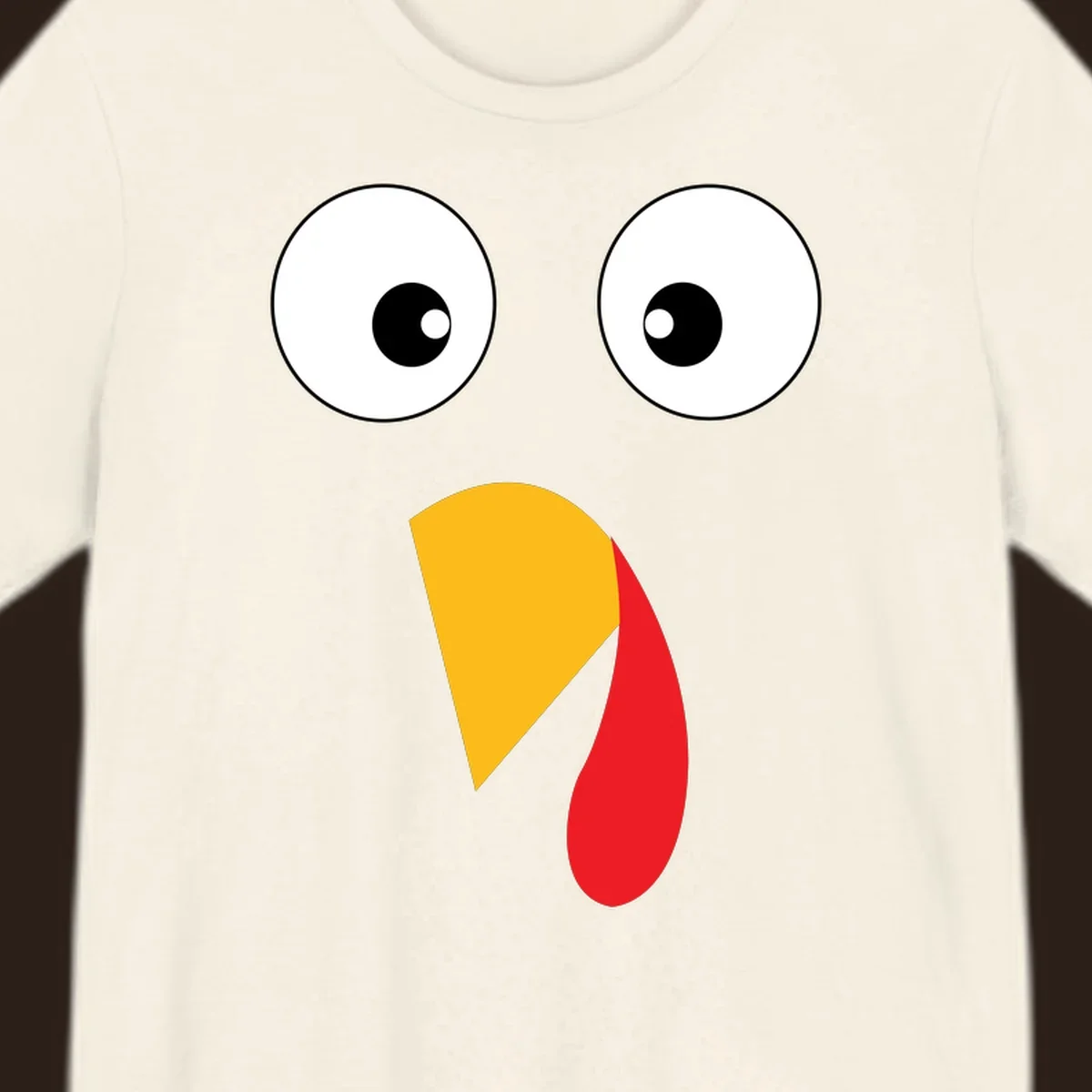 Googly eyed turkey face illustration with yellow beak and red wattle on black background.