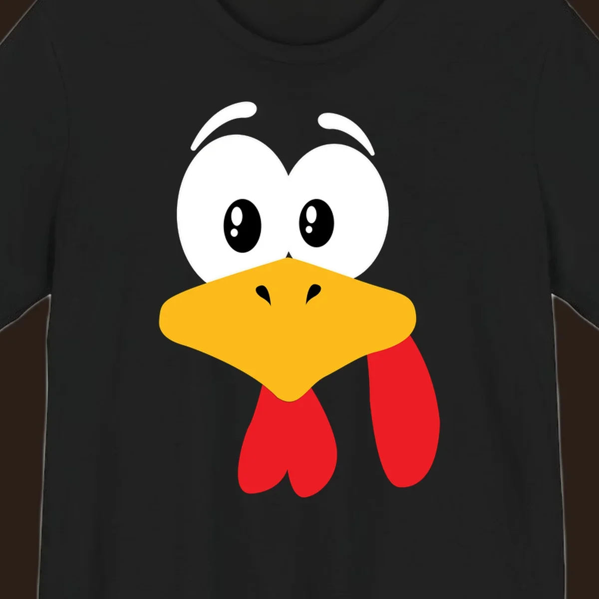 Funny cartoon turkey face graphic with googly eyes and a yellow beak.