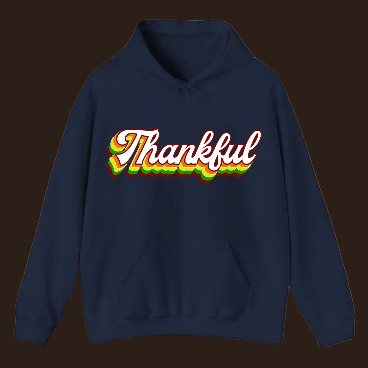 Retro thankful script text in white with colorful layered outlines and dark red shadow.