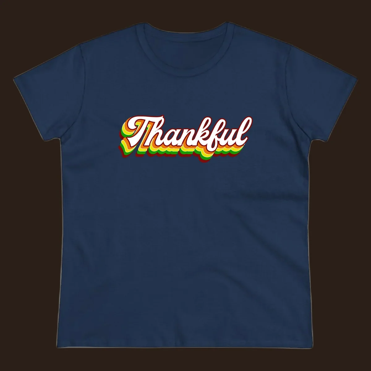 Retro thankful script text in white with colorful layered outlines and dark red shadow.