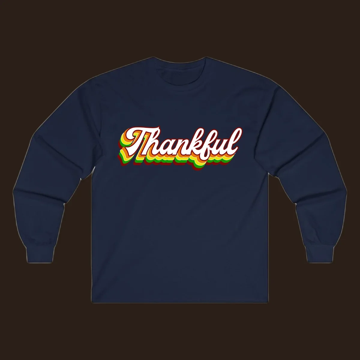 Retro thankful script text in white with colorful layered outlines and dark red shadow.