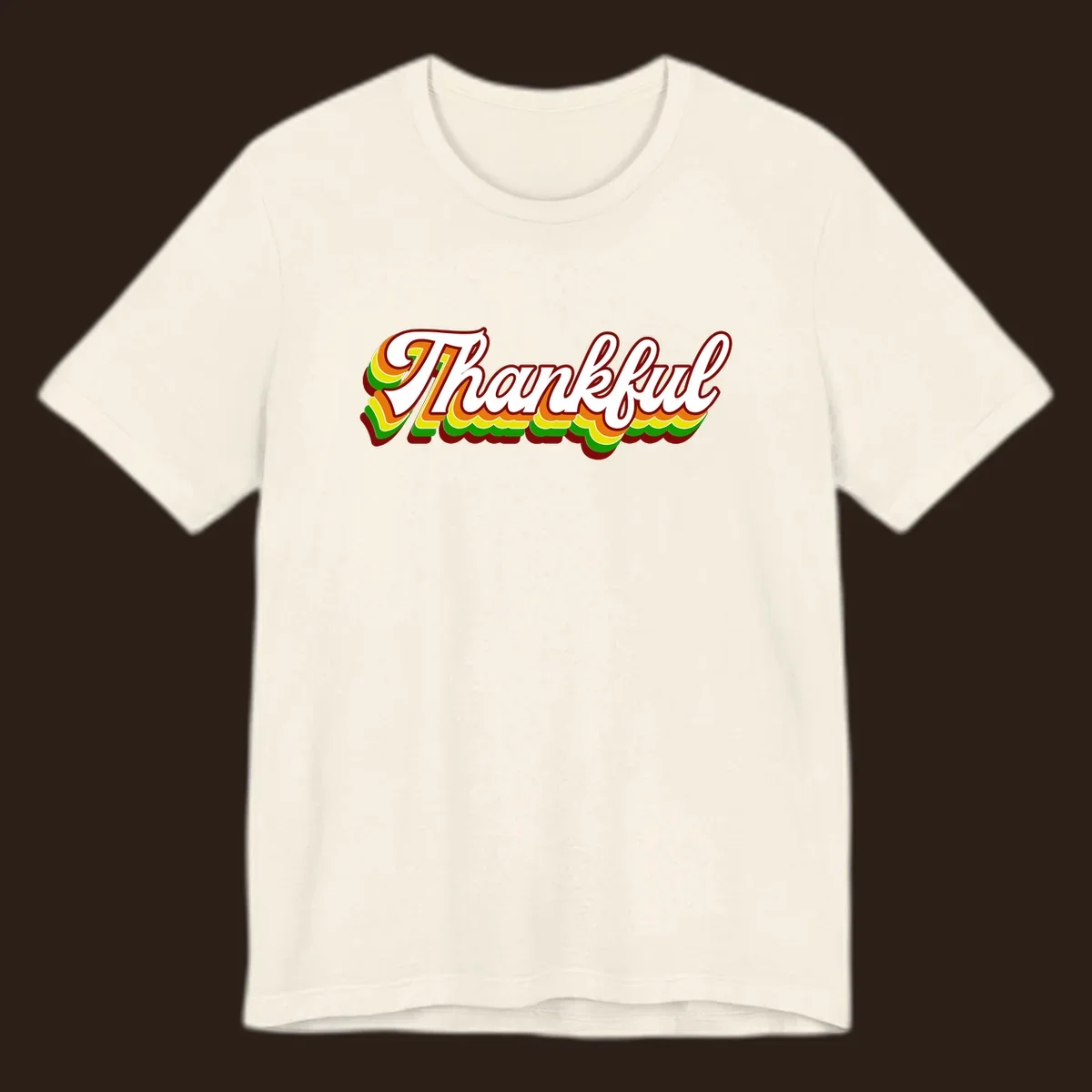 Retro thankful script text in white with colorful layered outlines and dark red shadow.