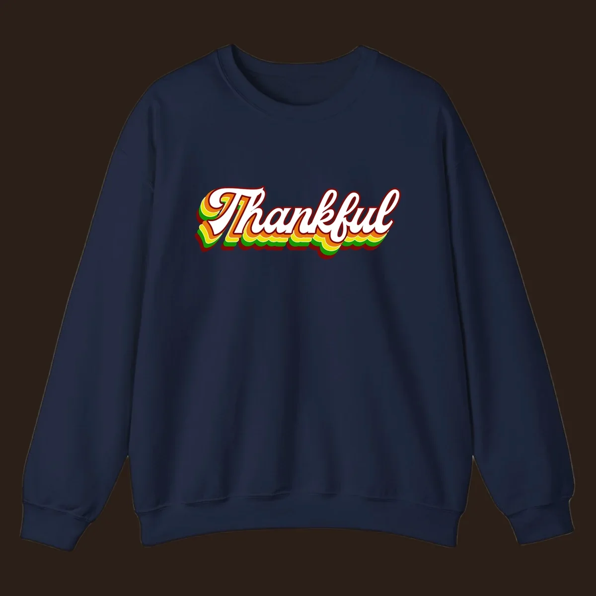 Retro thankful script text in white with colorful layered outlines and dark red shadow.