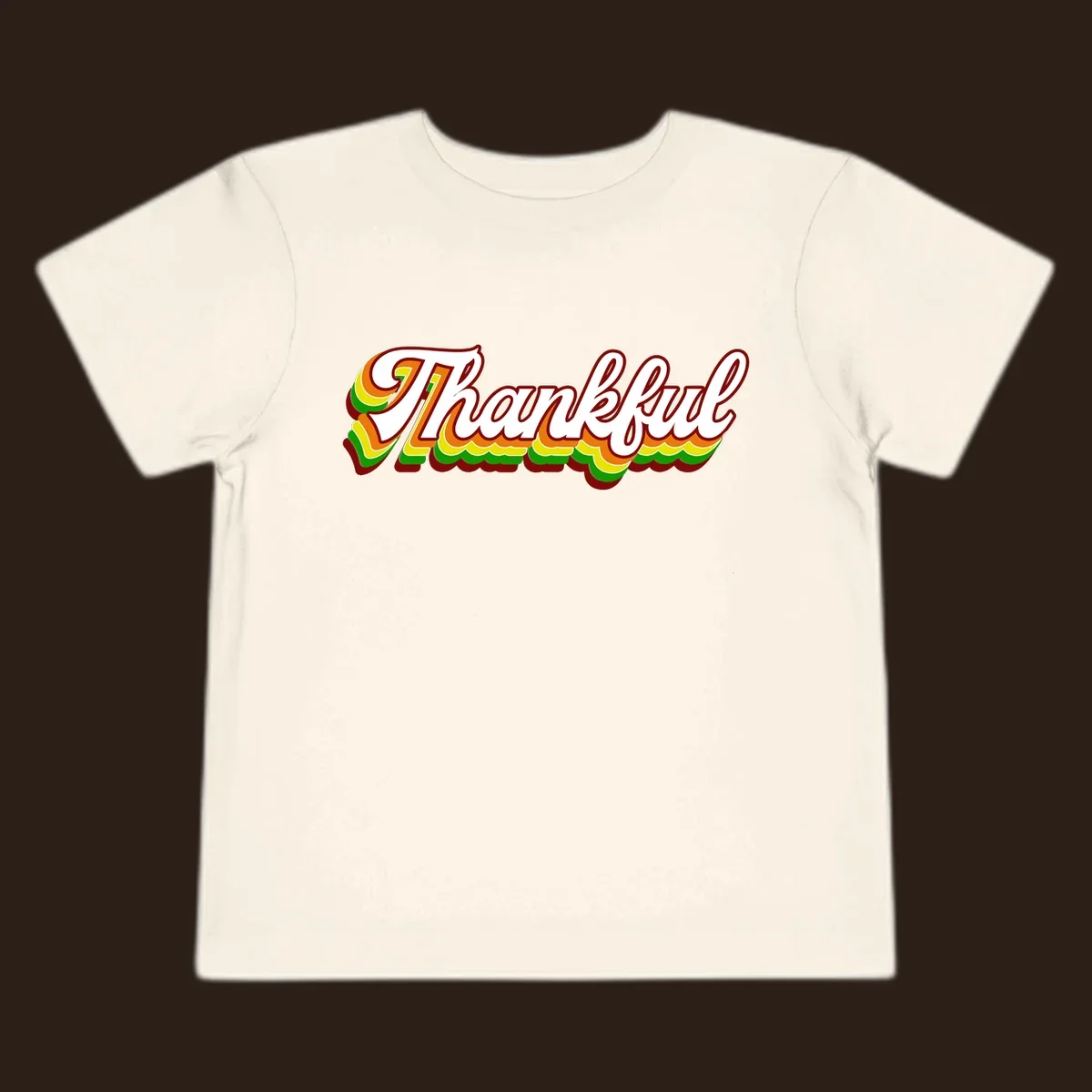 Retro thankful script text in white with colorful layered outlines and dark red shadow.