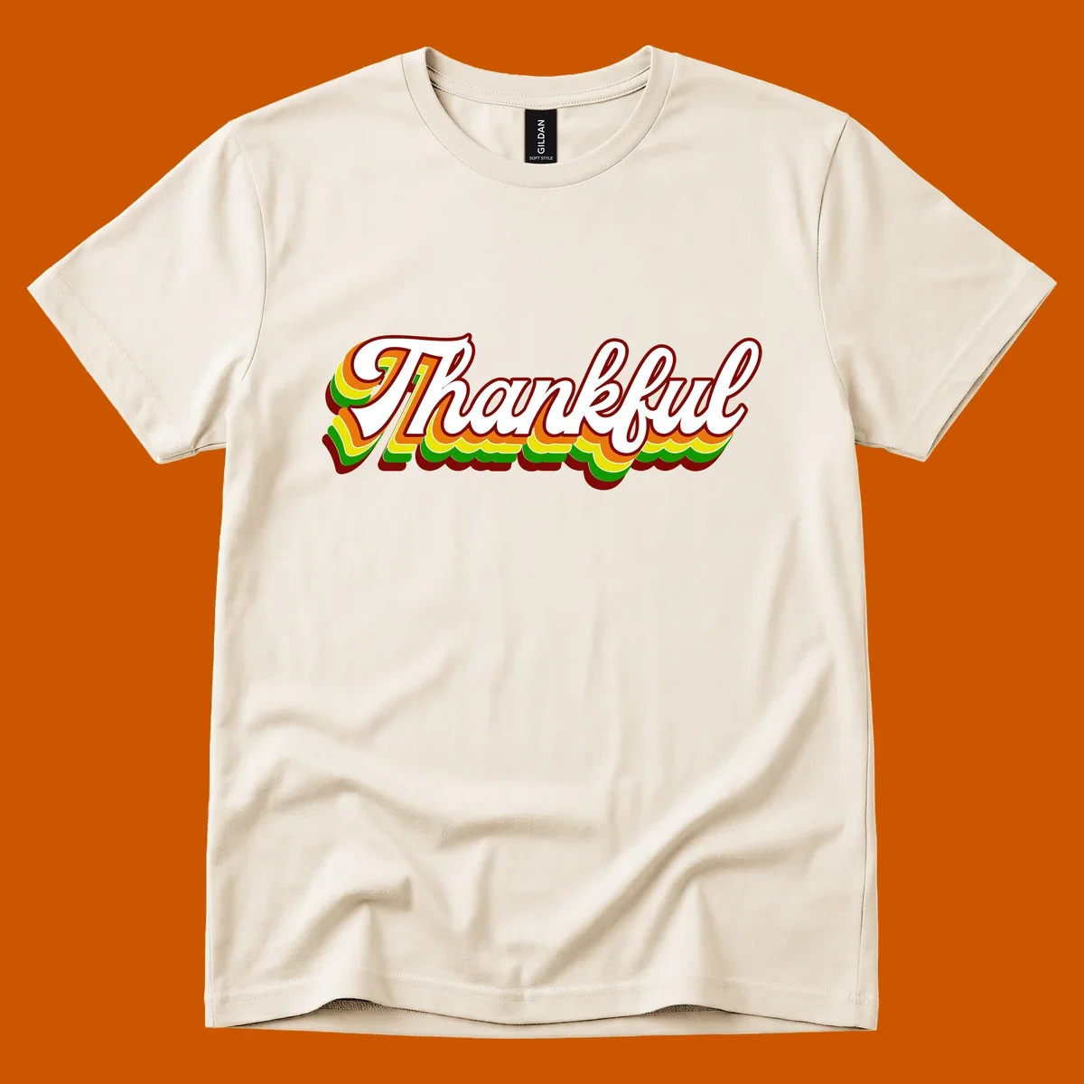 Retro thankful script text in white with colorful layered outlines and dark red shadow.