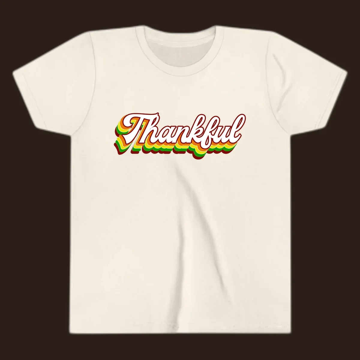 Retro thankful script text in white with colorful layered outlines and dark red shadow.