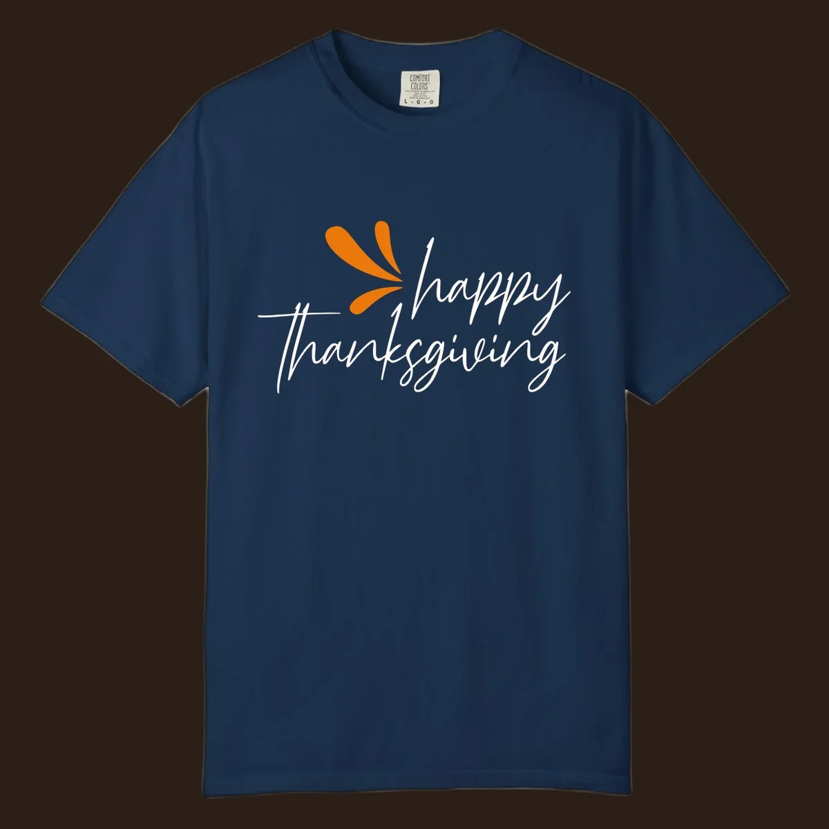 Happy Thanksgiving script text with an orange graphic element.