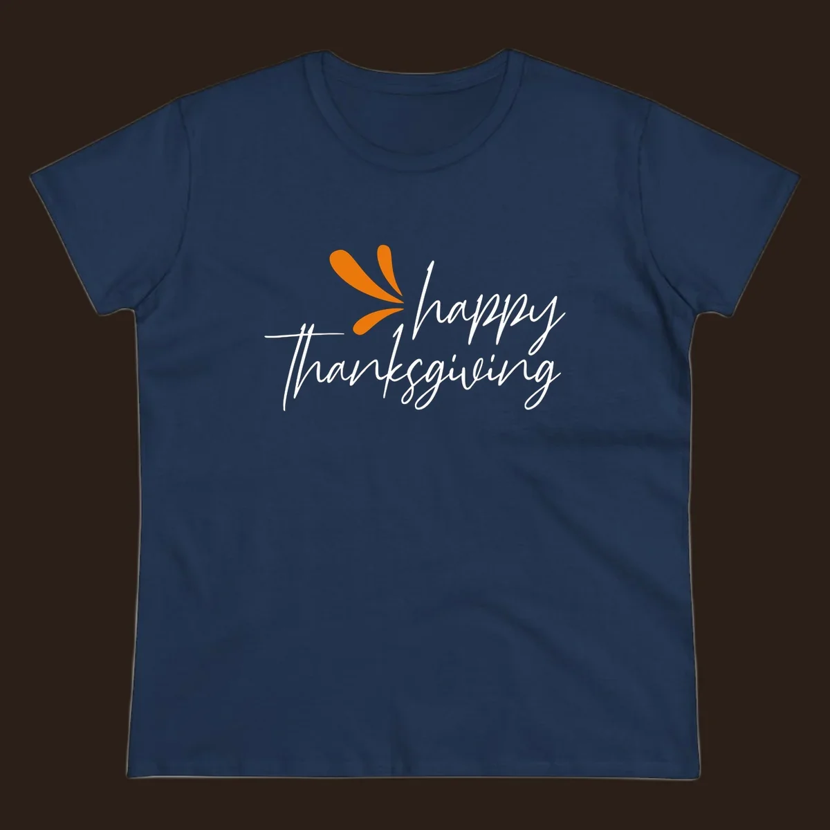 Happy Thanksgiving script text with an orange graphic element.