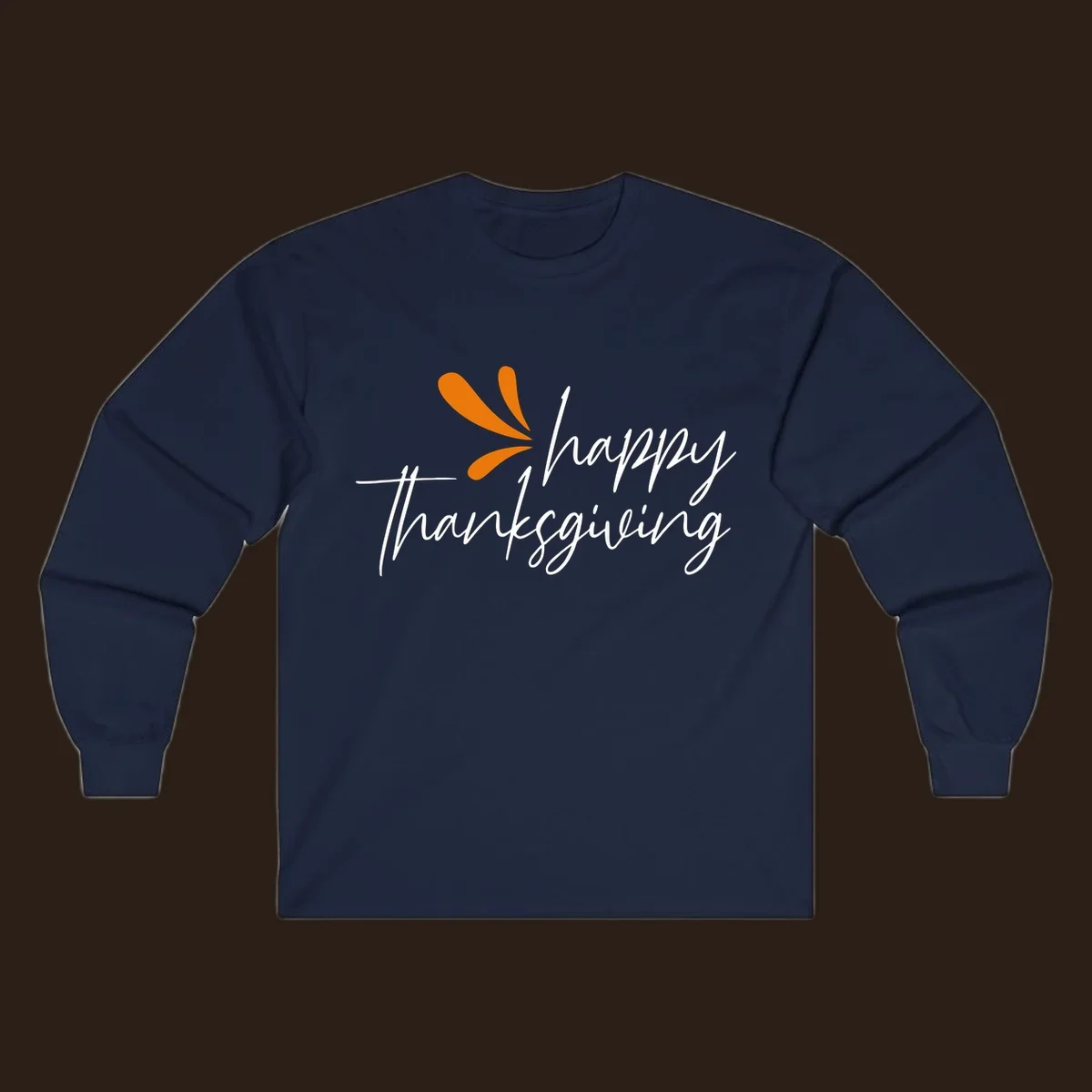Happy Thanksgiving script text with an orange graphic element.