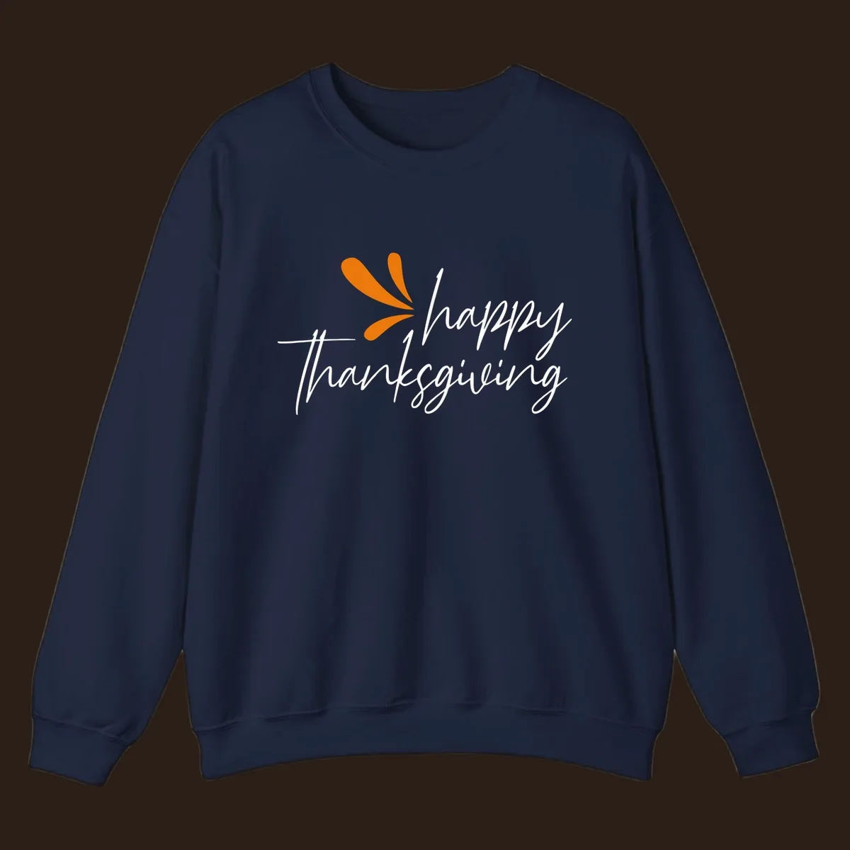 Happy Thanksgiving script text with an orange graphic element.