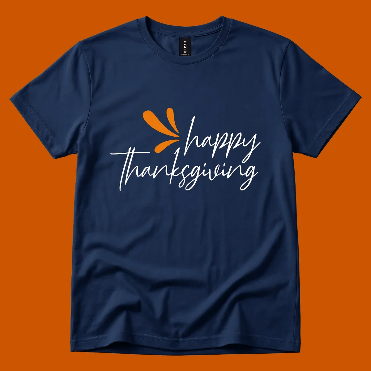 Happy Thanksgiving script text with an orange graphic element.