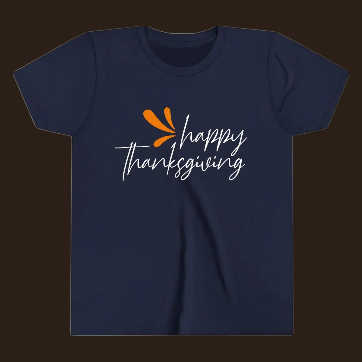Happy Thanksgiving script text with an orange graphic element.