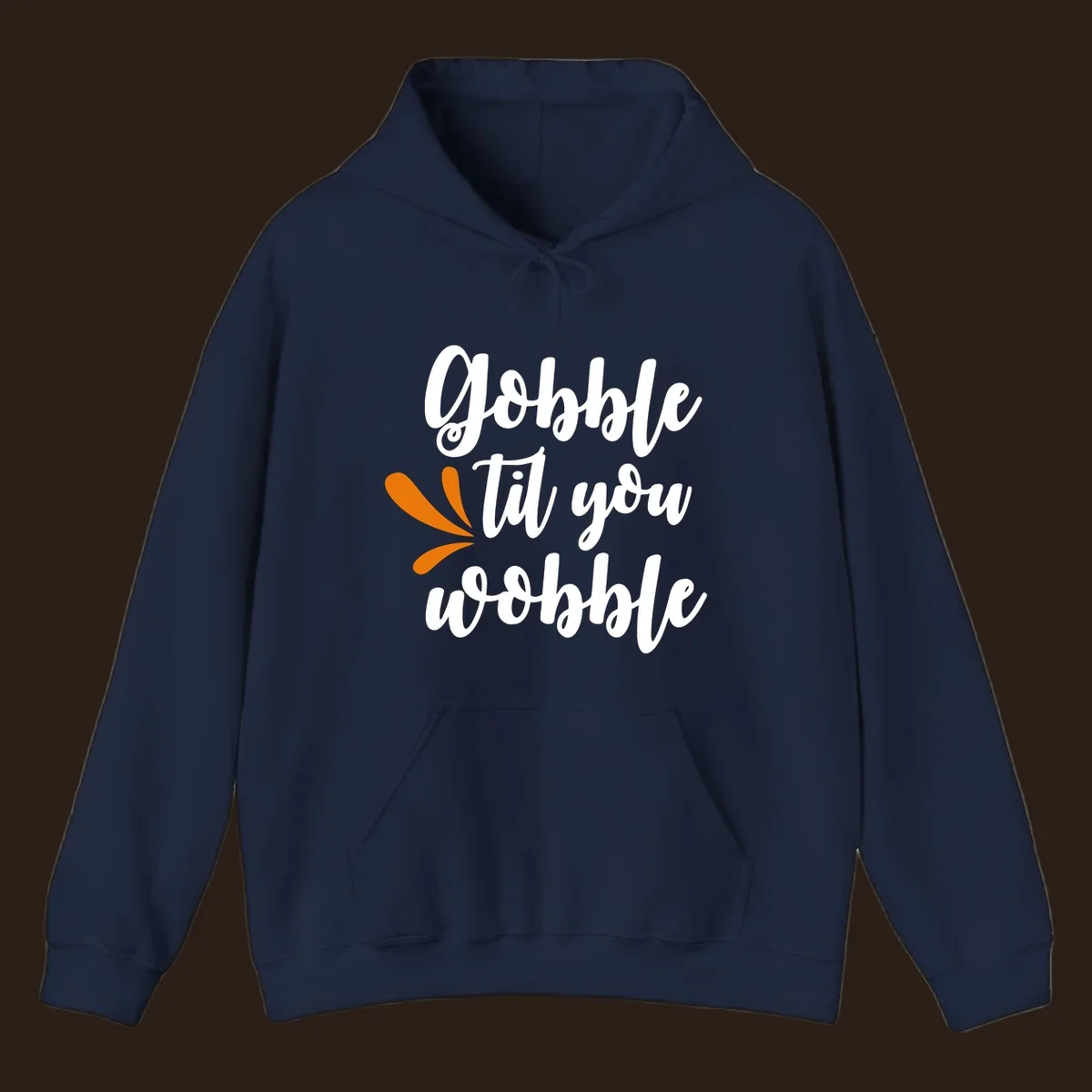 Gobble 'til you wobble Thanksgiving phrase with orange turkey feather illustrations.