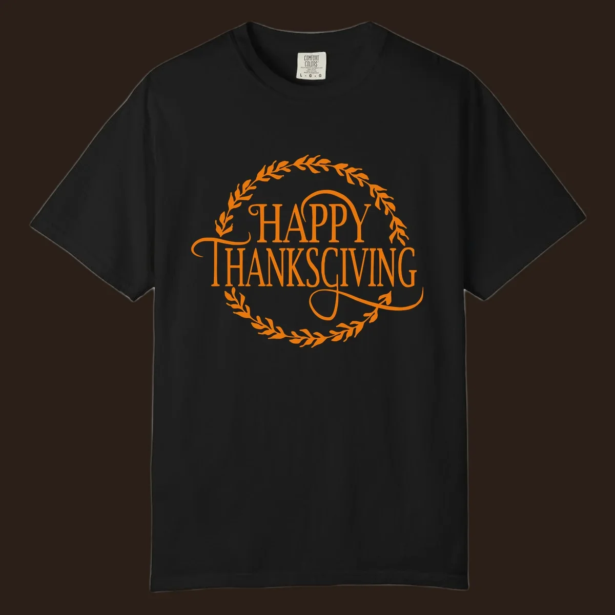 Happy Thanksgiving text with an orange leafy wreath.