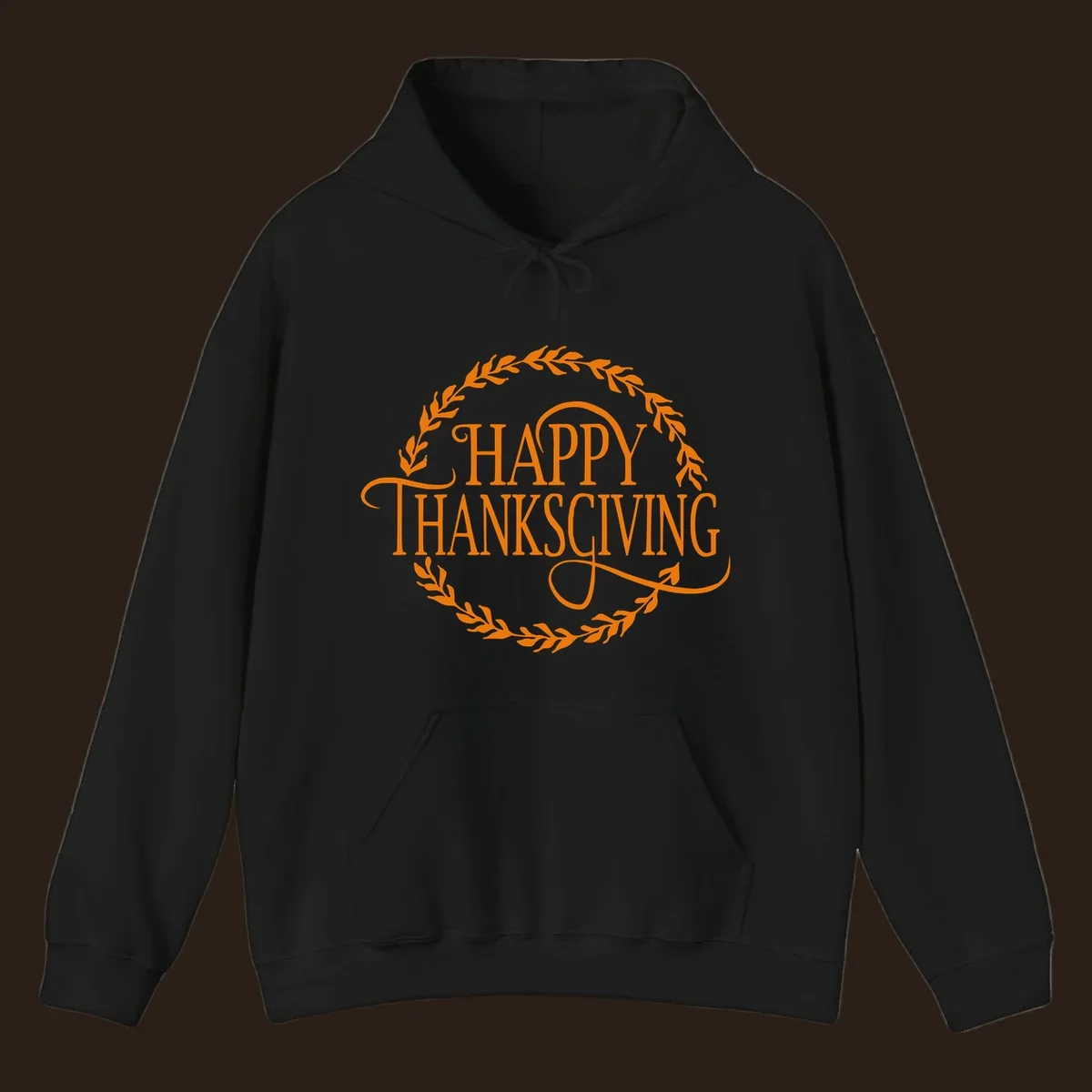 Happy Thanksgiving text with an orange leafy wreath.