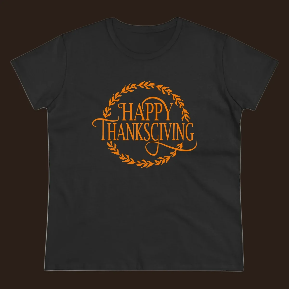 Happy Thanksgiving text with an orange leafy wreath.