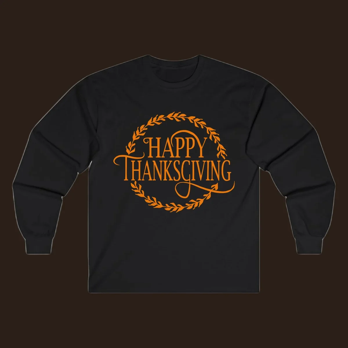 Happy Thanksgiving text with an orange leafy wreath.