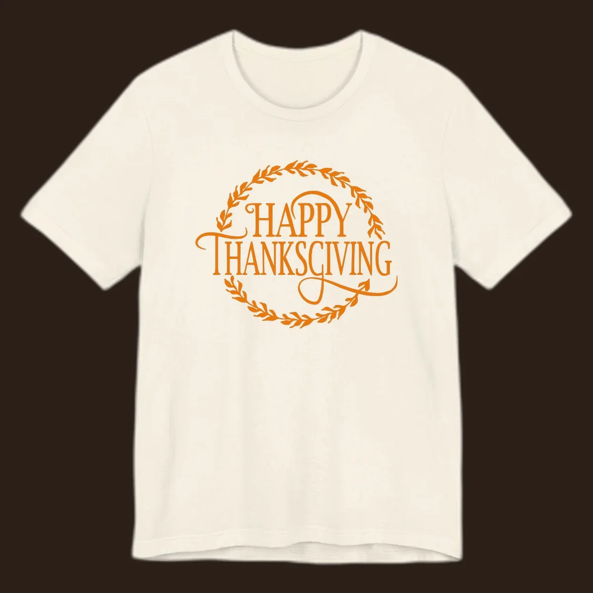 Happy Thanksgiving text with an orange leafy wreath.