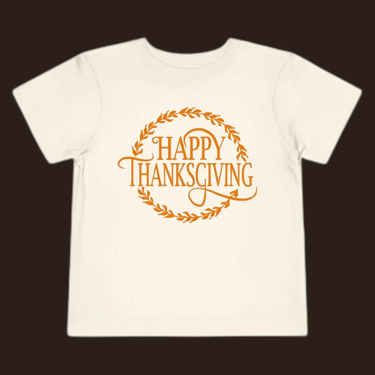 Happy Thanksgiving text with an orange leafy wreath.
