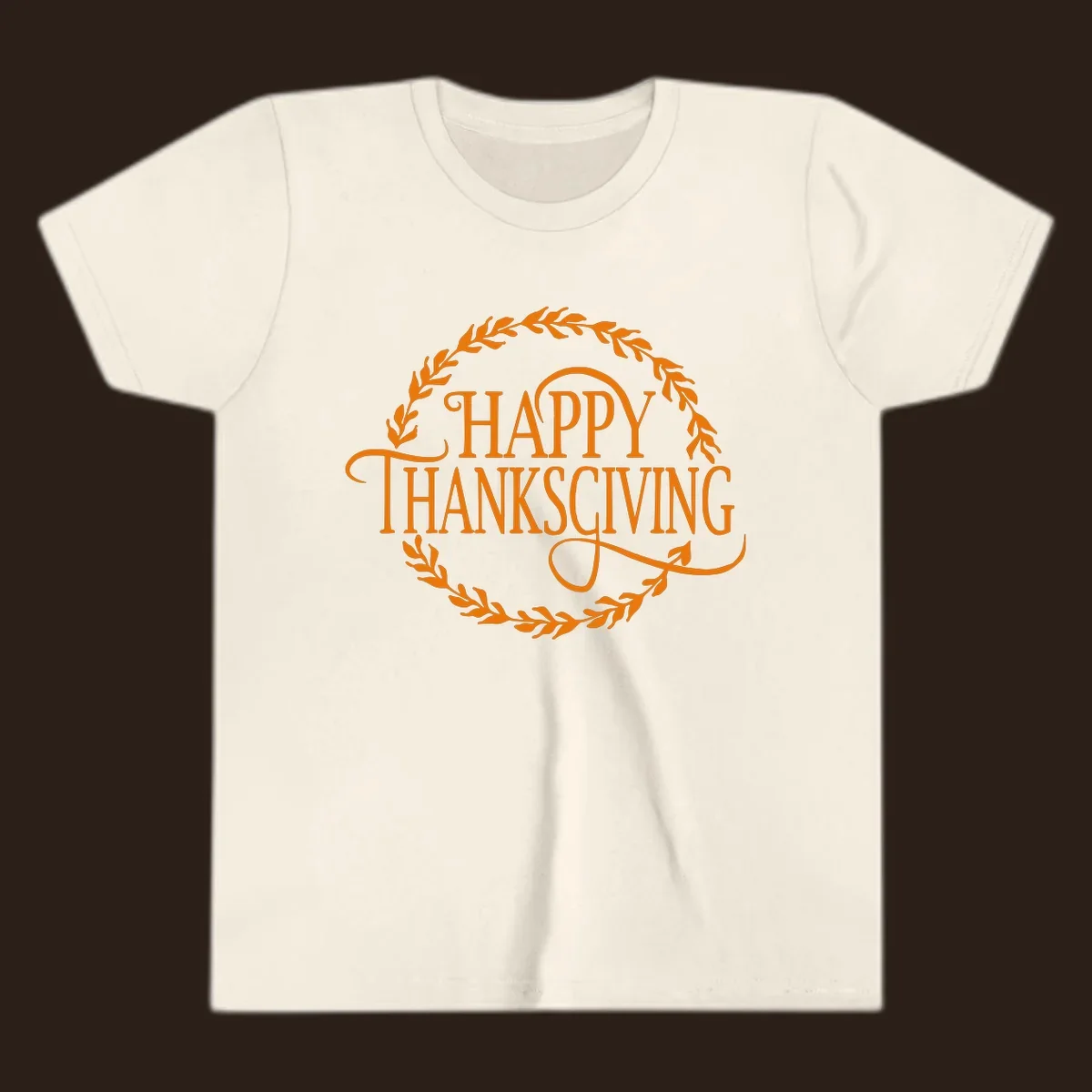 Happy Thanksgiving text with an orange leafy wreath.