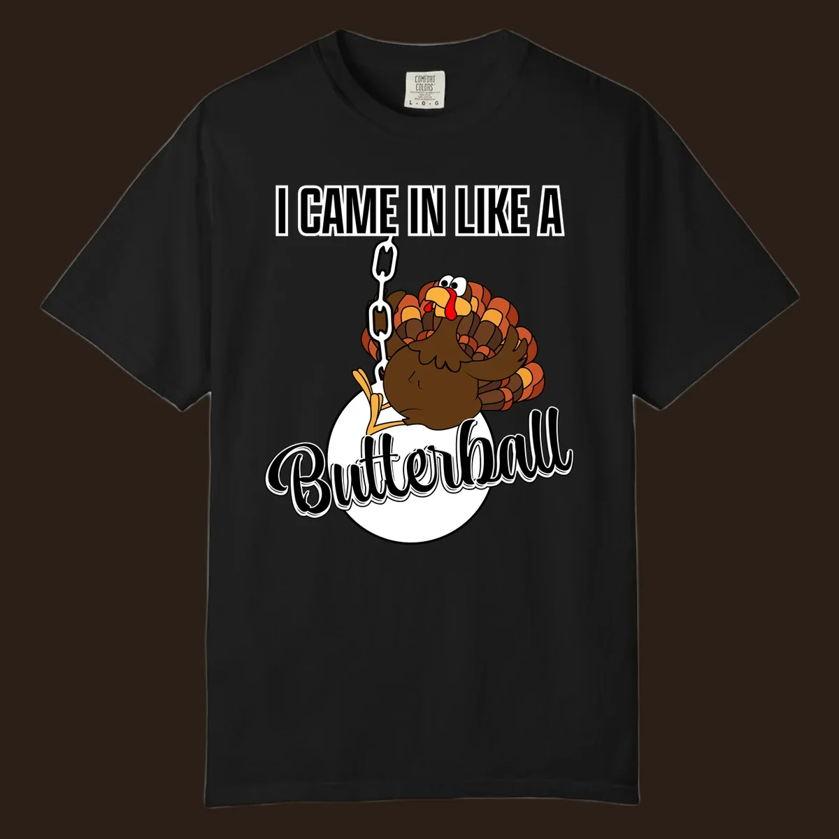 Cartoon turkey swinging from a chain like a wrecking ball with text 'I Came In Like A Butterball'.