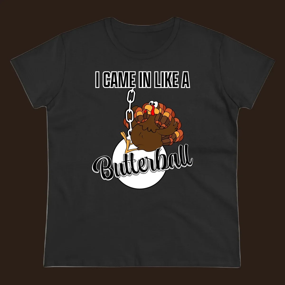 Cartoon turkey swinging from a chain like a wrecking ball with text 'I Came In Like A Butterball'.