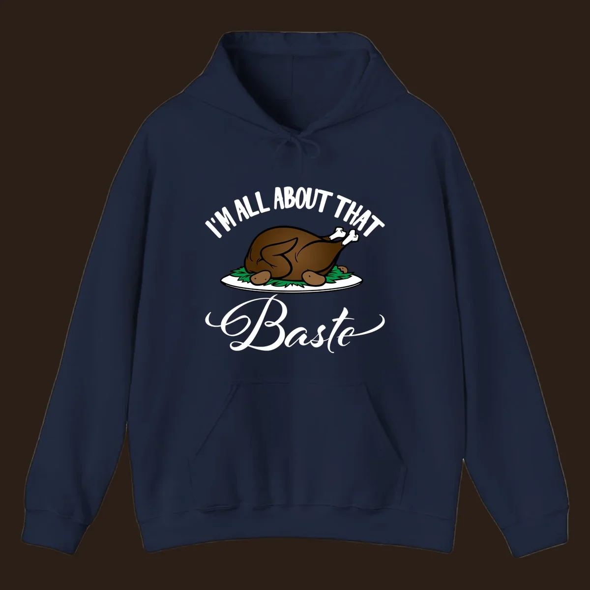 Illustration of a roasted turkey with text 'I'm All About That Baste', for Thanksgiving.