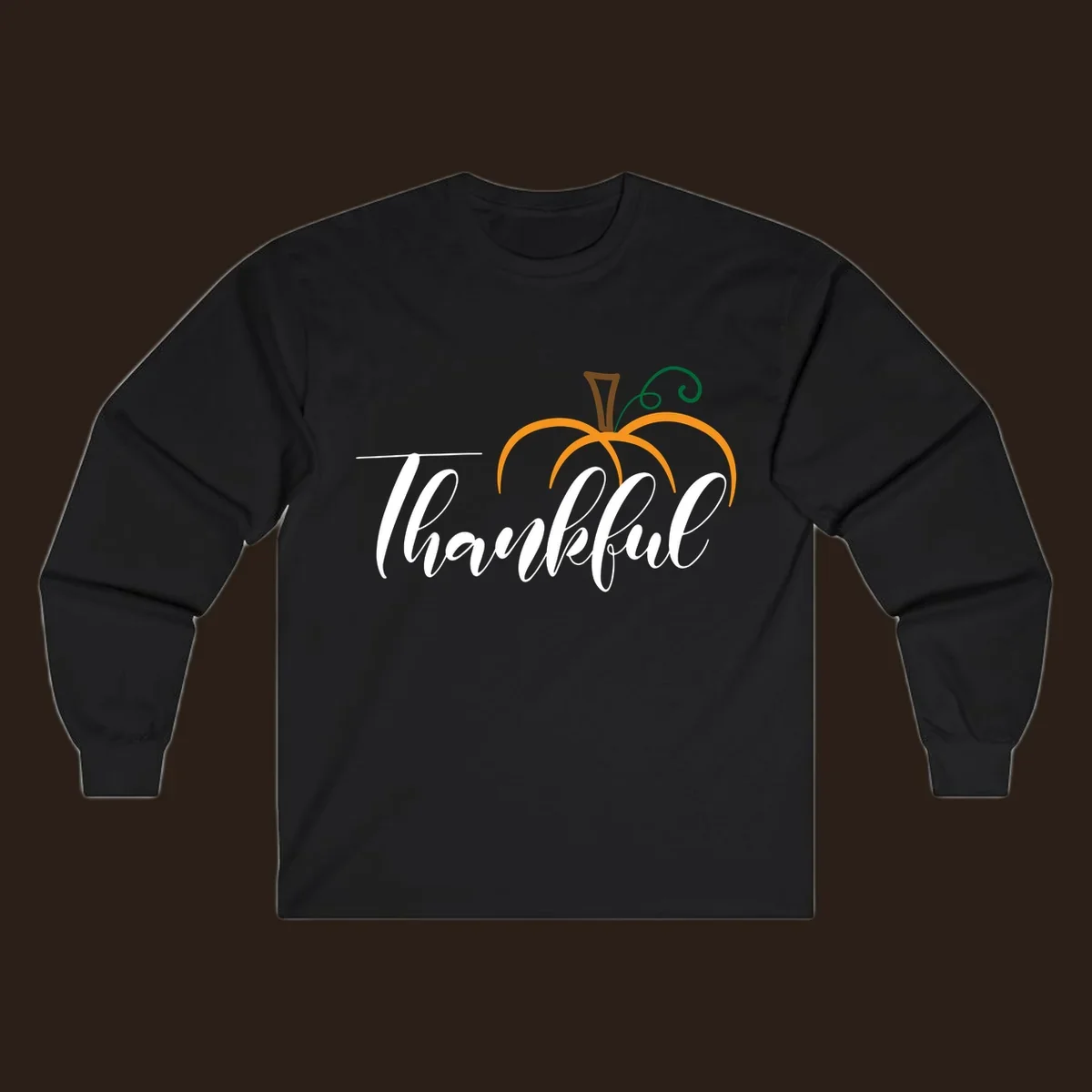 White script text 'Thankful' with a stylized orange pumpkin illustration.