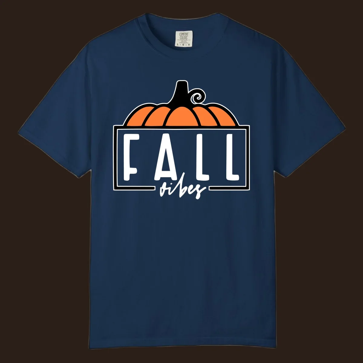Fall vibes pumpkin graphic with text. Includes a pumpkin illustration and the words FALL and vibes.