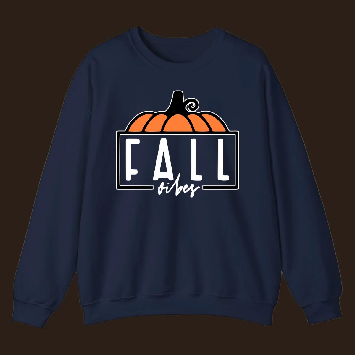 Fall vibes pumpkin graphic with text. Includes a pumpkin illustration and the words FALL and vibes.