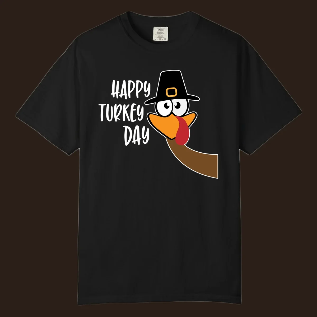 Happy Turkey Day text with a cartoon turkey wearing a pilgrim hat.