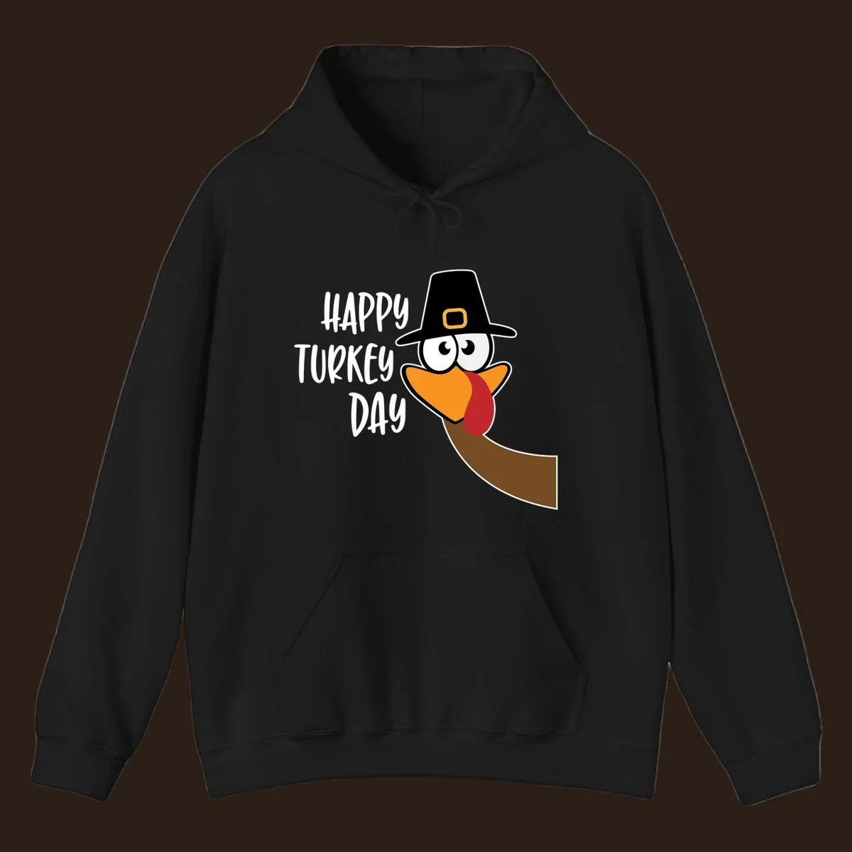 Happy Turkey Day text with a cartoon turkey wearing a pilgrim hat.