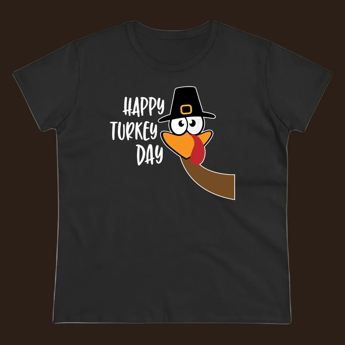 Happy Turkey Day text with a cartoon turkey wearing a pilgrim hat.