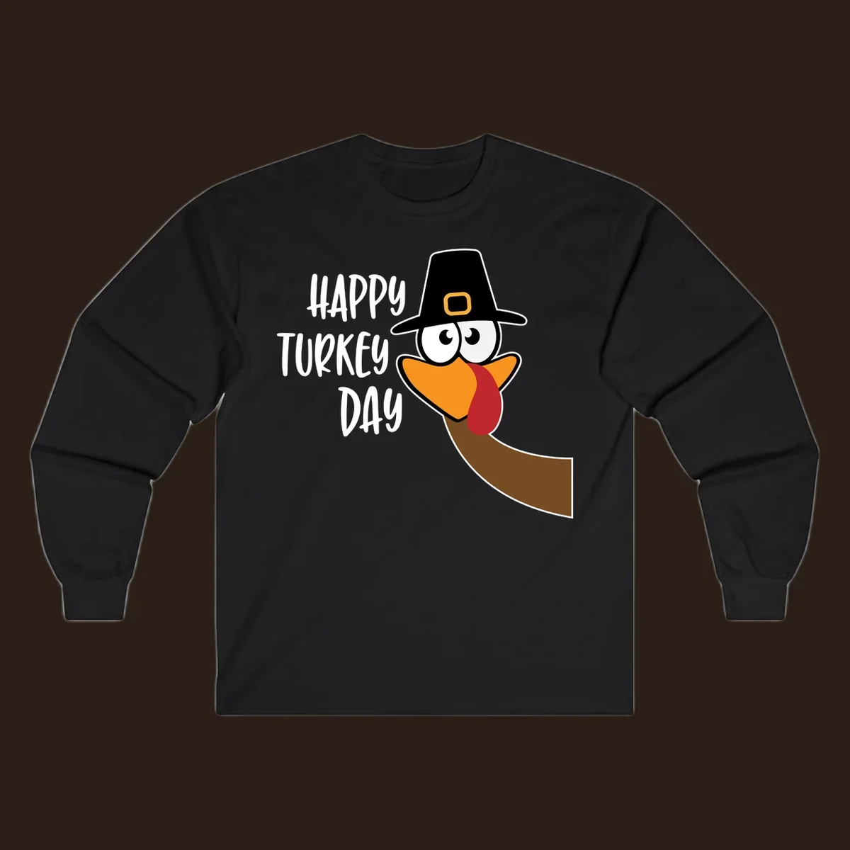 Happy Turkey Day text with a cartoon turkey wearing a pilgrim hat.