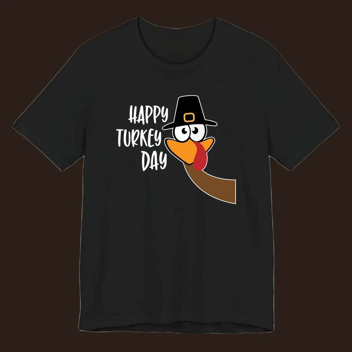 Happy Turkey Day text with a cartoon turkey wearing a pilgrim hat.