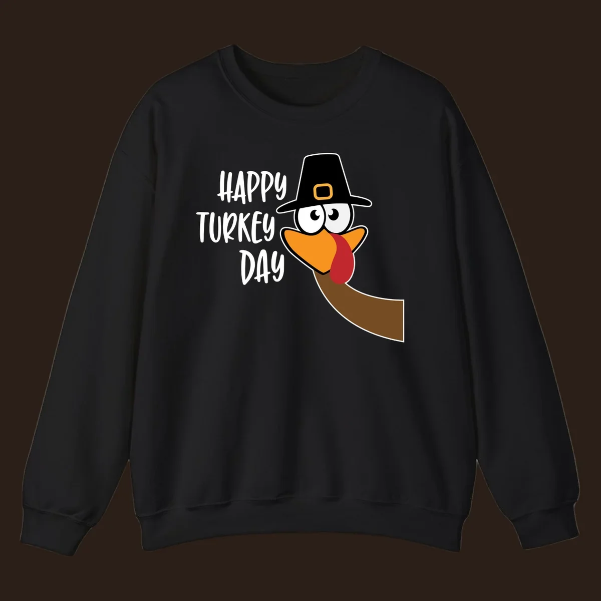 Happy Turkey Day text with a cartoon turkey wearing a pilgrim hat.