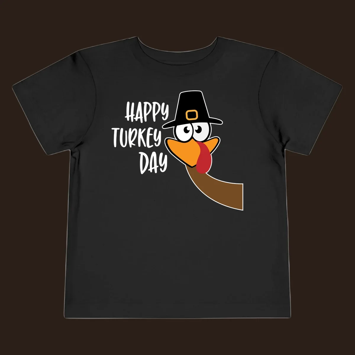 Happy Turkey Day text with a cartoon turkey wearing a pilgrim hat.