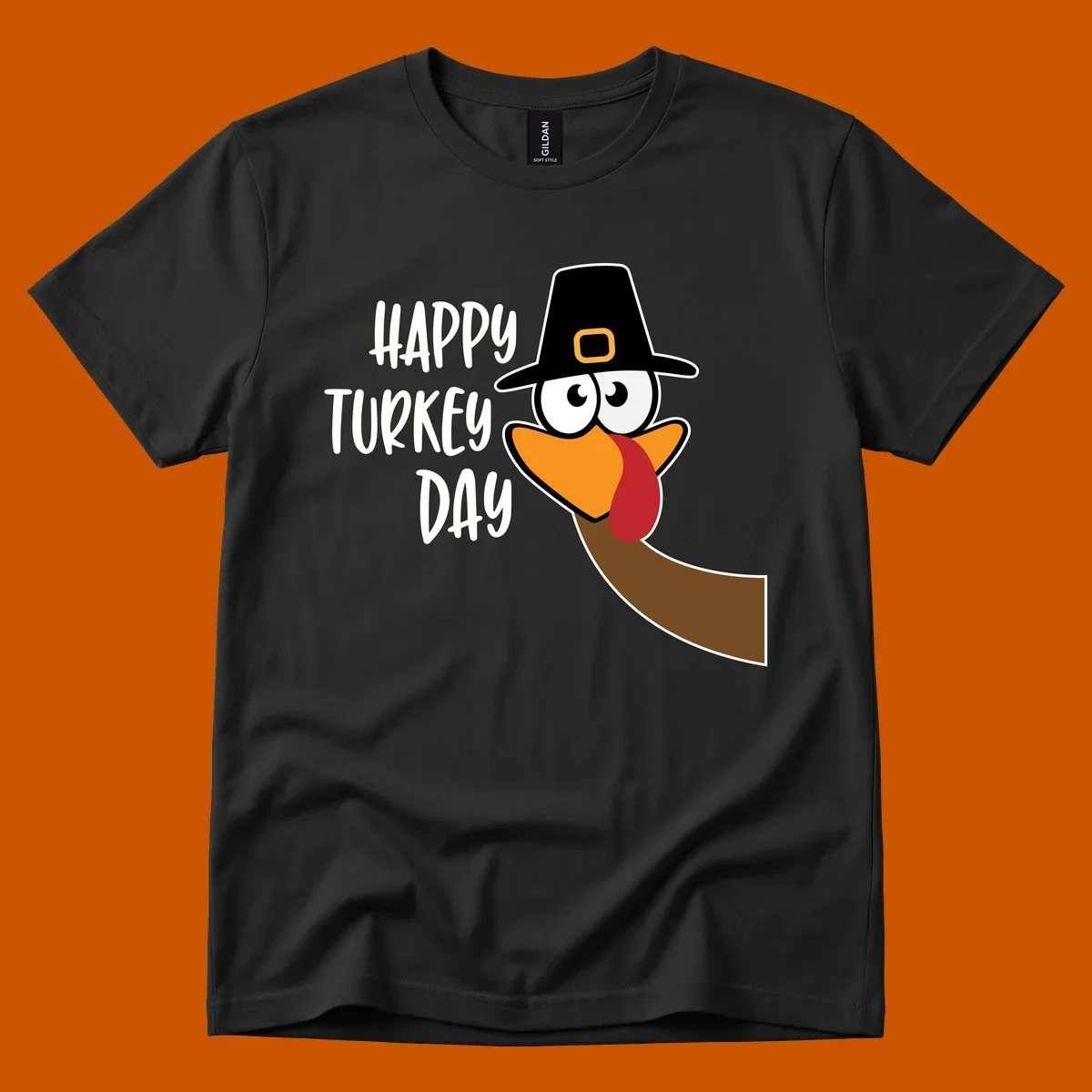 Happy Turkey Day text with a cartoon turkey wearing a pilgrim hat.
