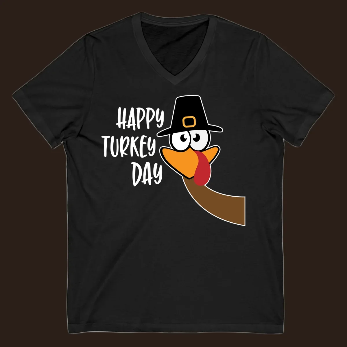 Happy Turkey Day text with a cartoon turkey wearing a pilgrim hat.