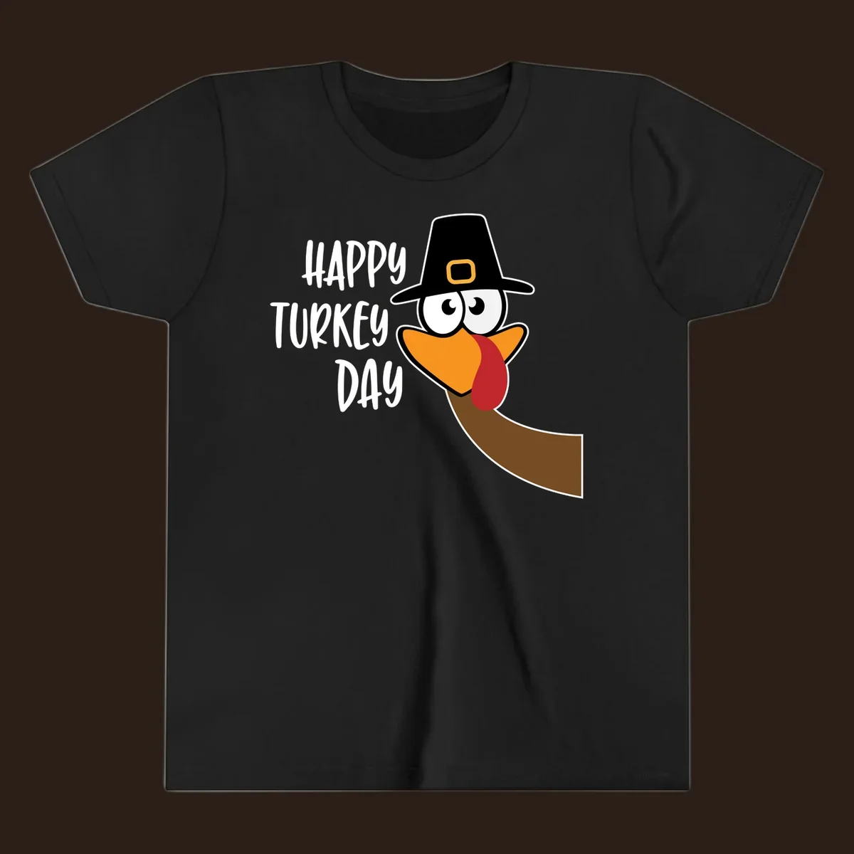 Happy Turkey Day text with a cartoon turkey wearing a pilgrim hat.