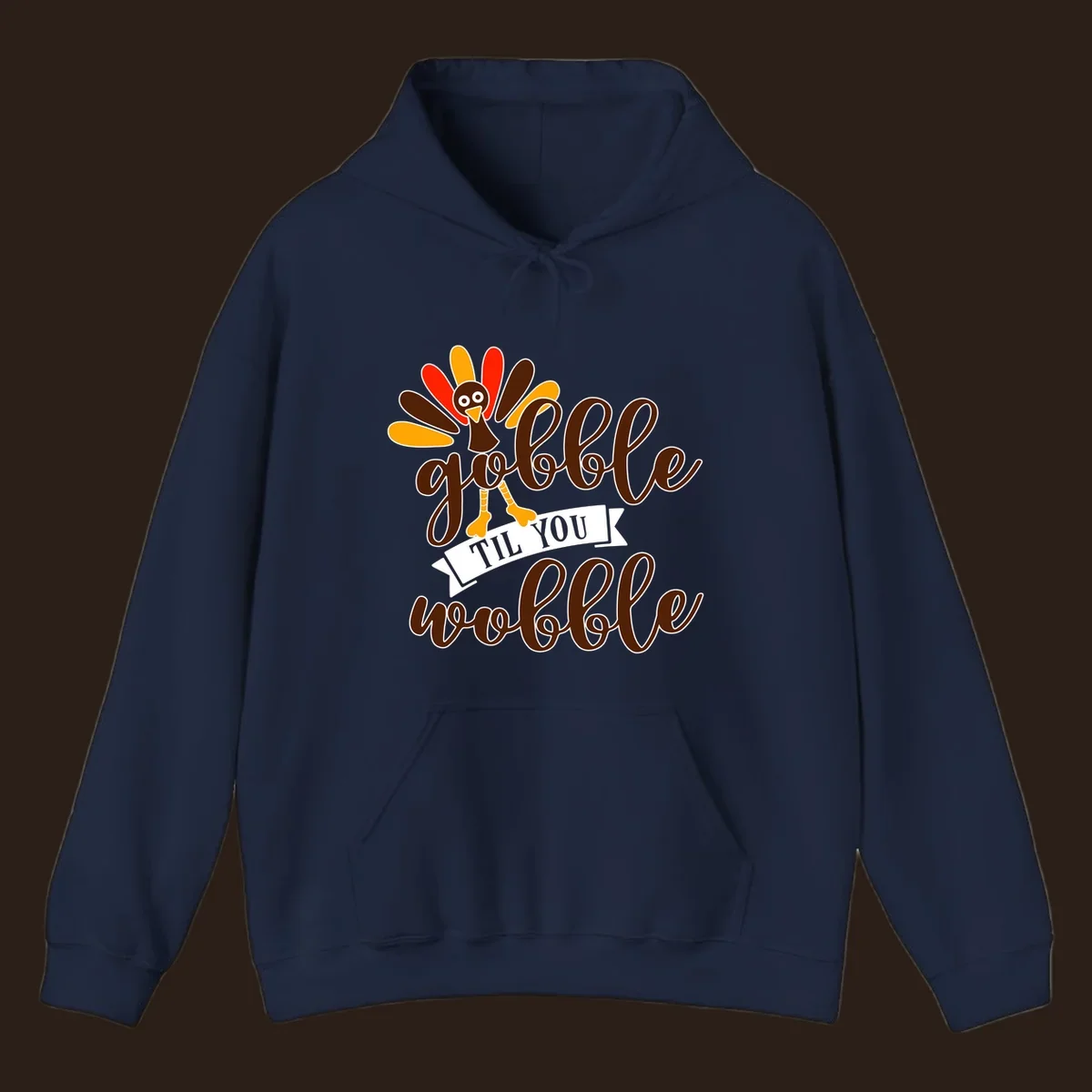 Gobble til you wobble turkey Thanksgiving illustration with colorful feathers and playful text.