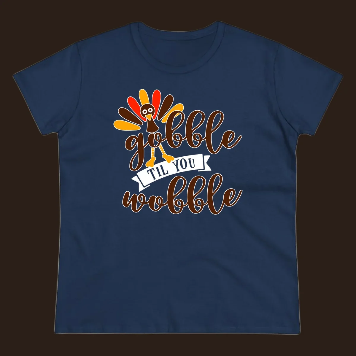 Gobble til you wobble turkey Thanksgiving illustration with colorful feathers and playful text.