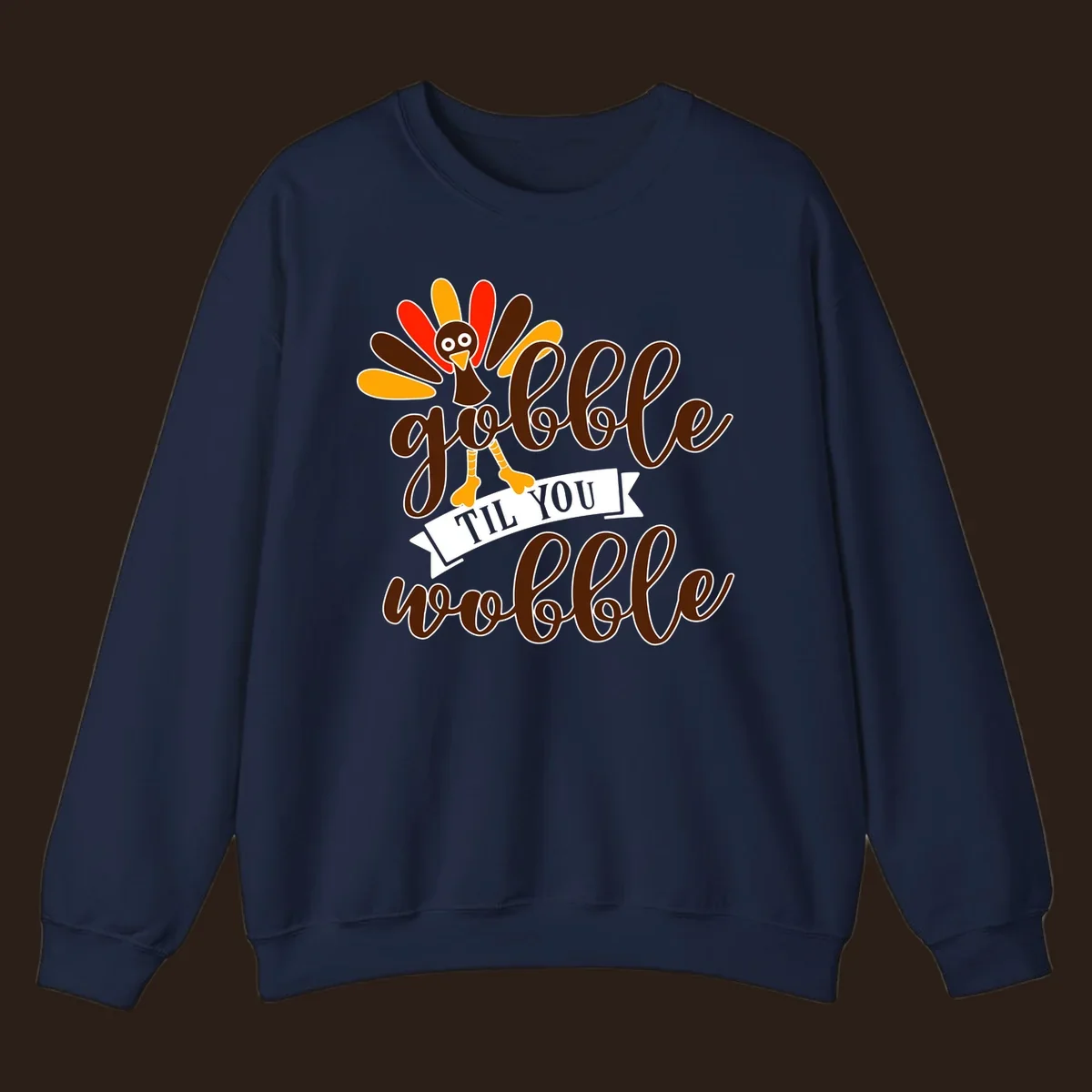 Gobble til you wobble turkey Thanksgiving illustration with colorful feathers and playful text.