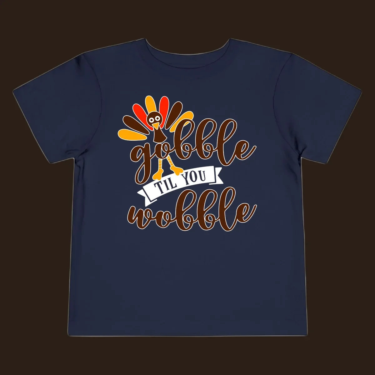 Gobble til you wobble turkey Thanksgiving illustration with colorful feathers and playful text.