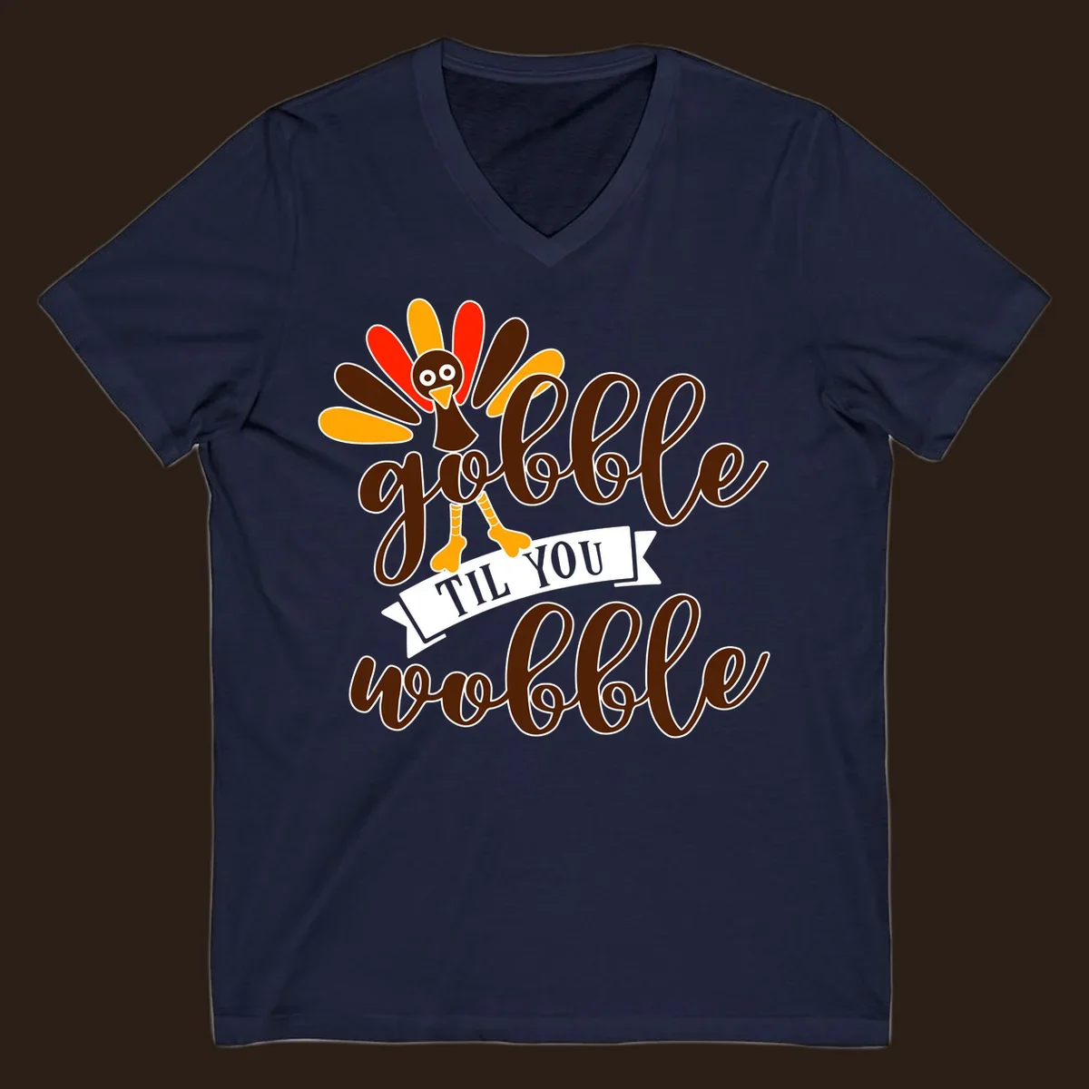Gobble til you wobble turkey Thanksgiving illustration with colorful feathers and playful text.