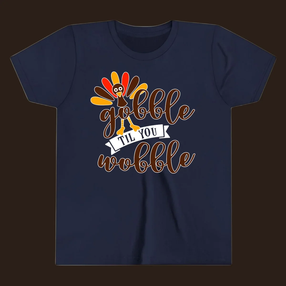 Gobble til you wobble turkey Thanksgiving illustration with colorful feathers and playful text.