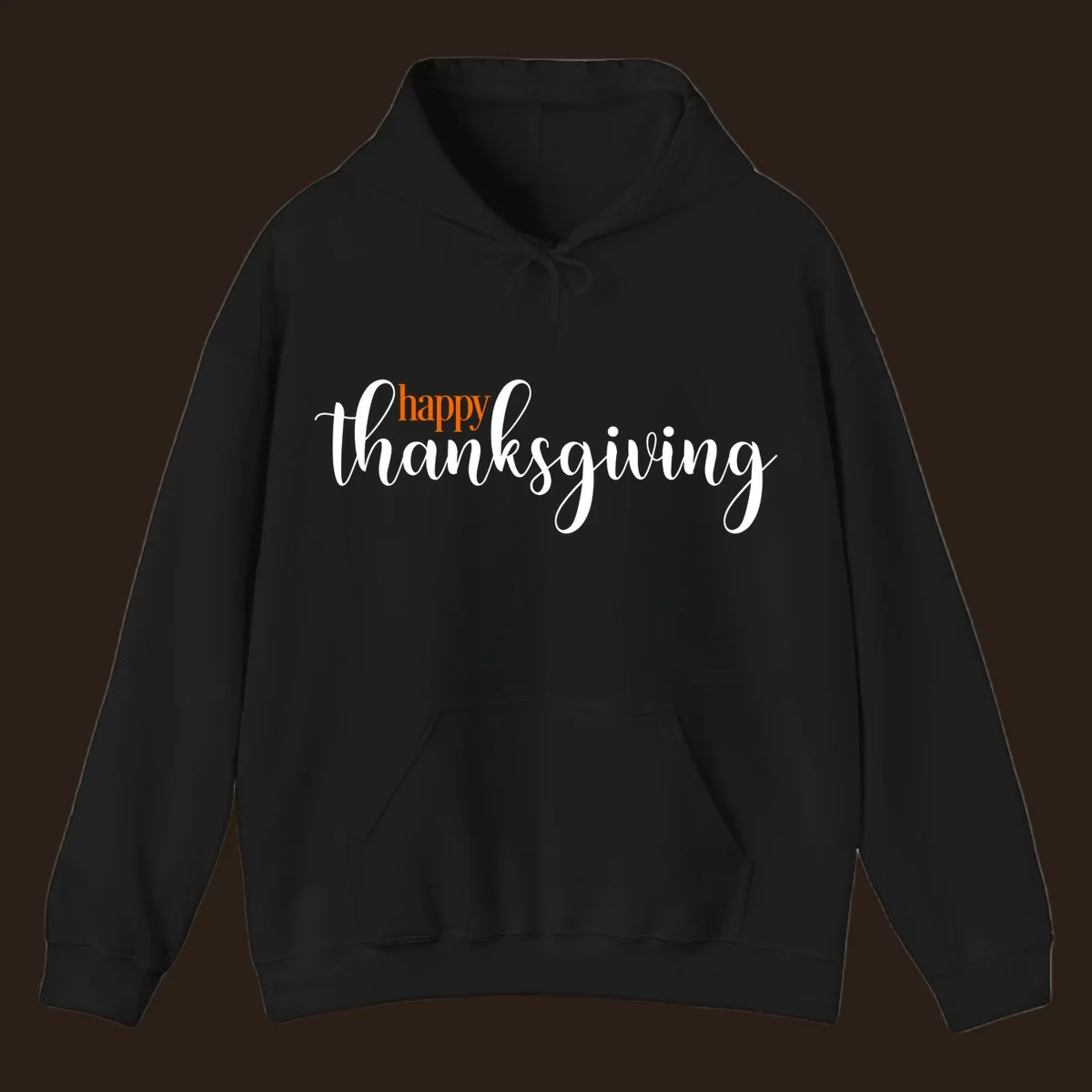 Happy Thanksgiving script design with orange 'happy' and white 'thanksgiving'.